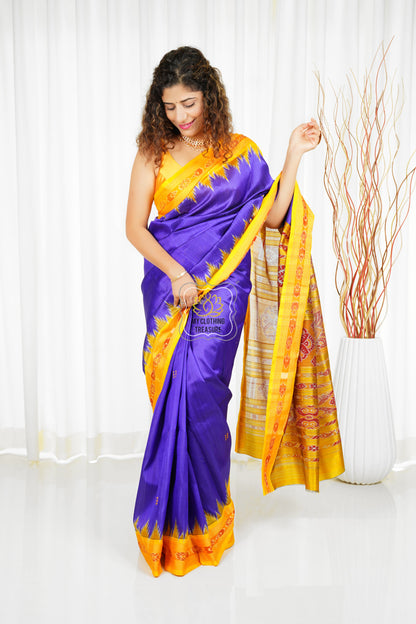 Bandha Border Khandua Ikkat Silk Saree - Purple Blue