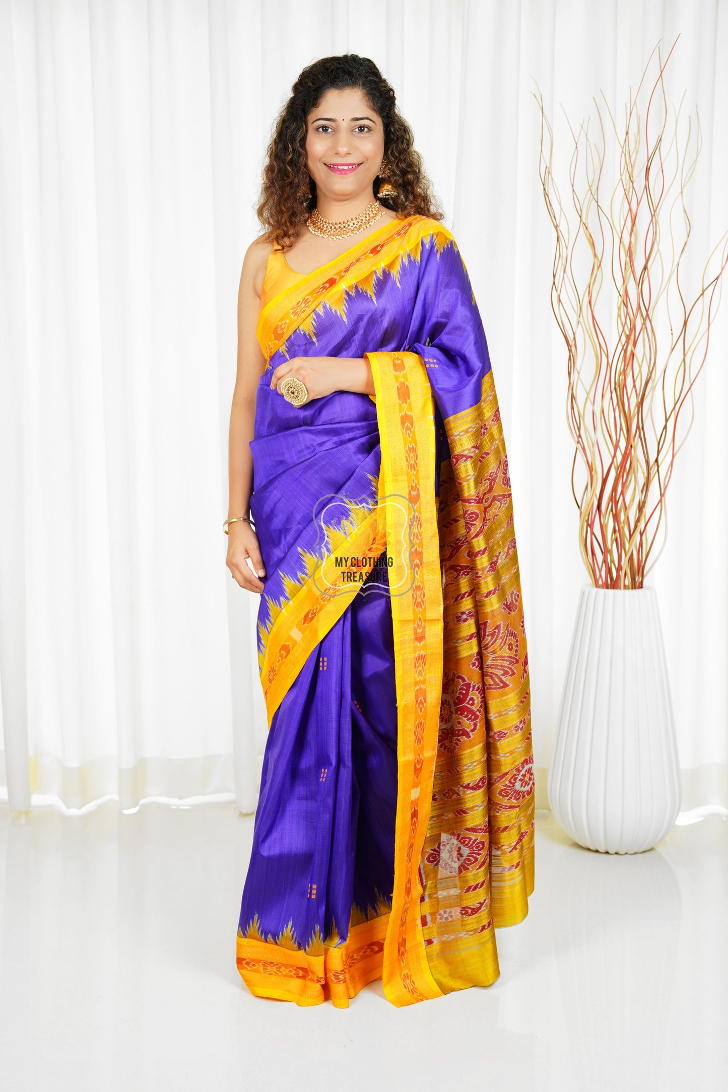 Bandha Border Khandua Ikkat Silk Saree - Purple Blue