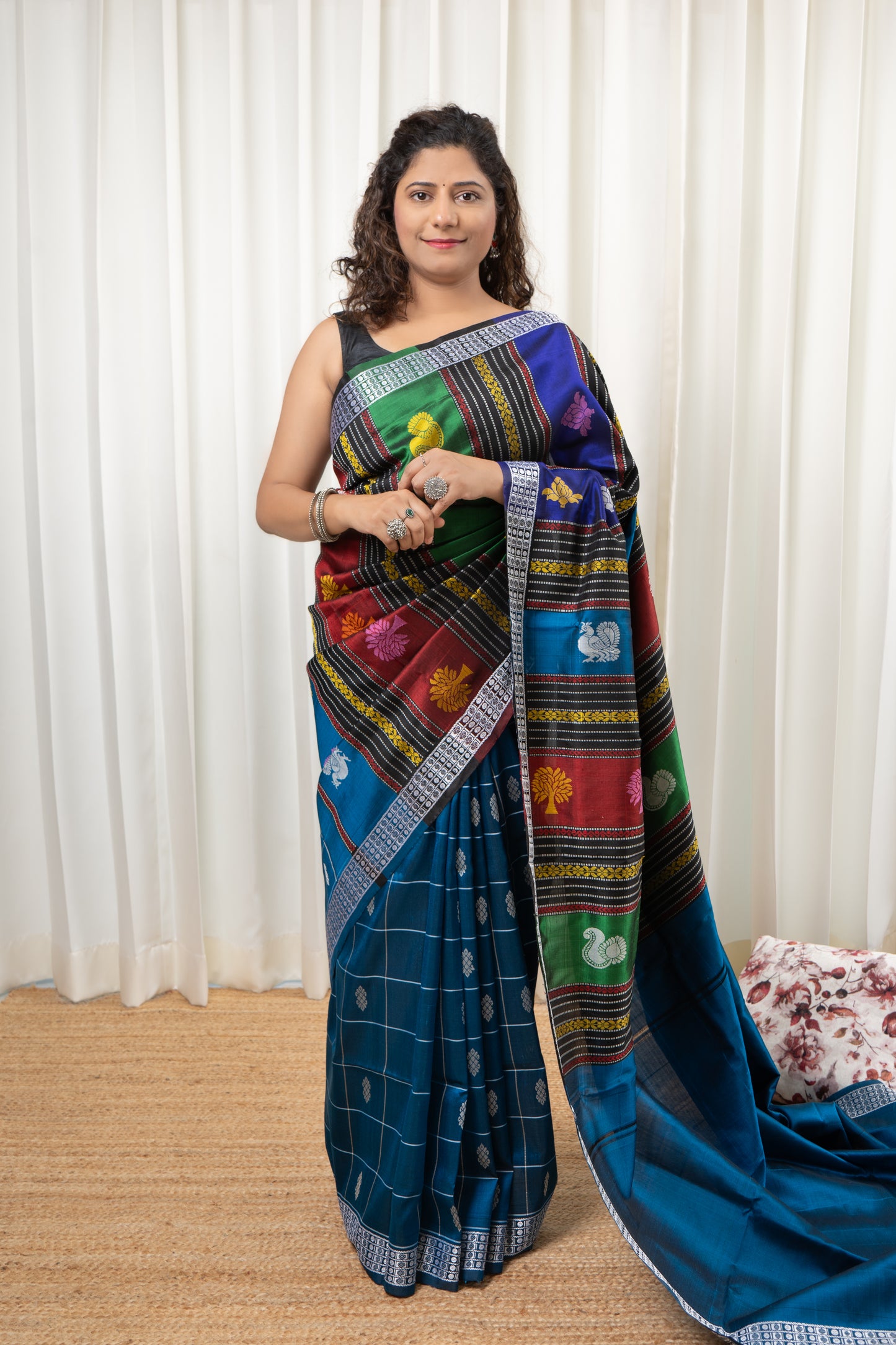 Exclusive Double Pallu Berhampuri Pure Silk Patta Saree - Dark Teal