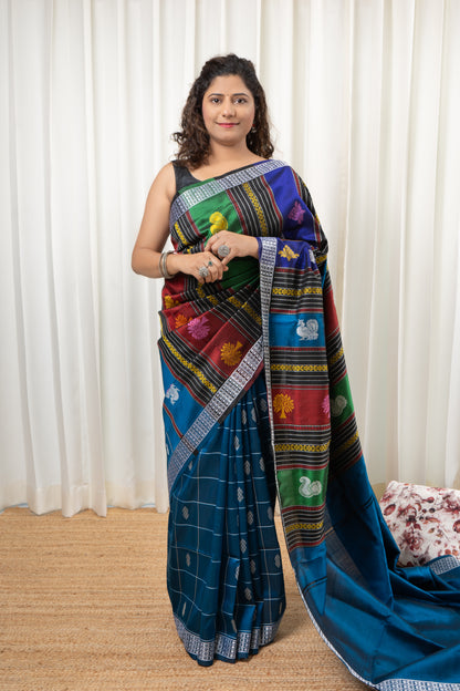 Exclusive Double Pallu Berhampuri Pure Silk Patta Saree - Dark Teal