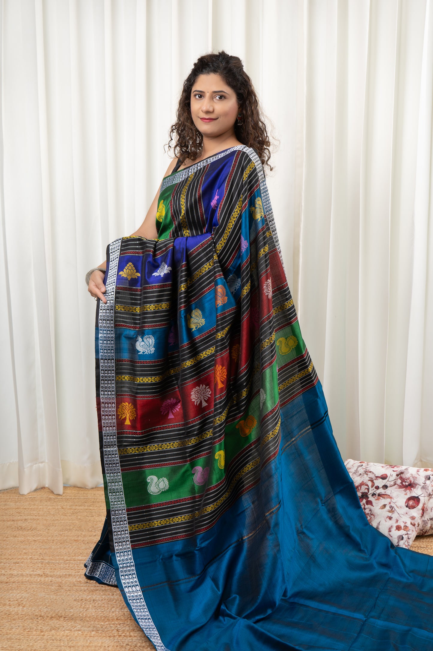 Exclusive Double Pallu Berhampuri Pure Silk Patta Saree - Dark Teal
