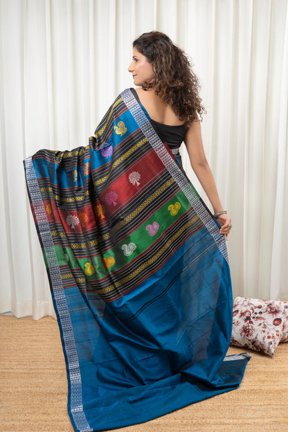 Exclusive Double Pallu Berhampuri Pure Silk Patta Saree - Dark Teal