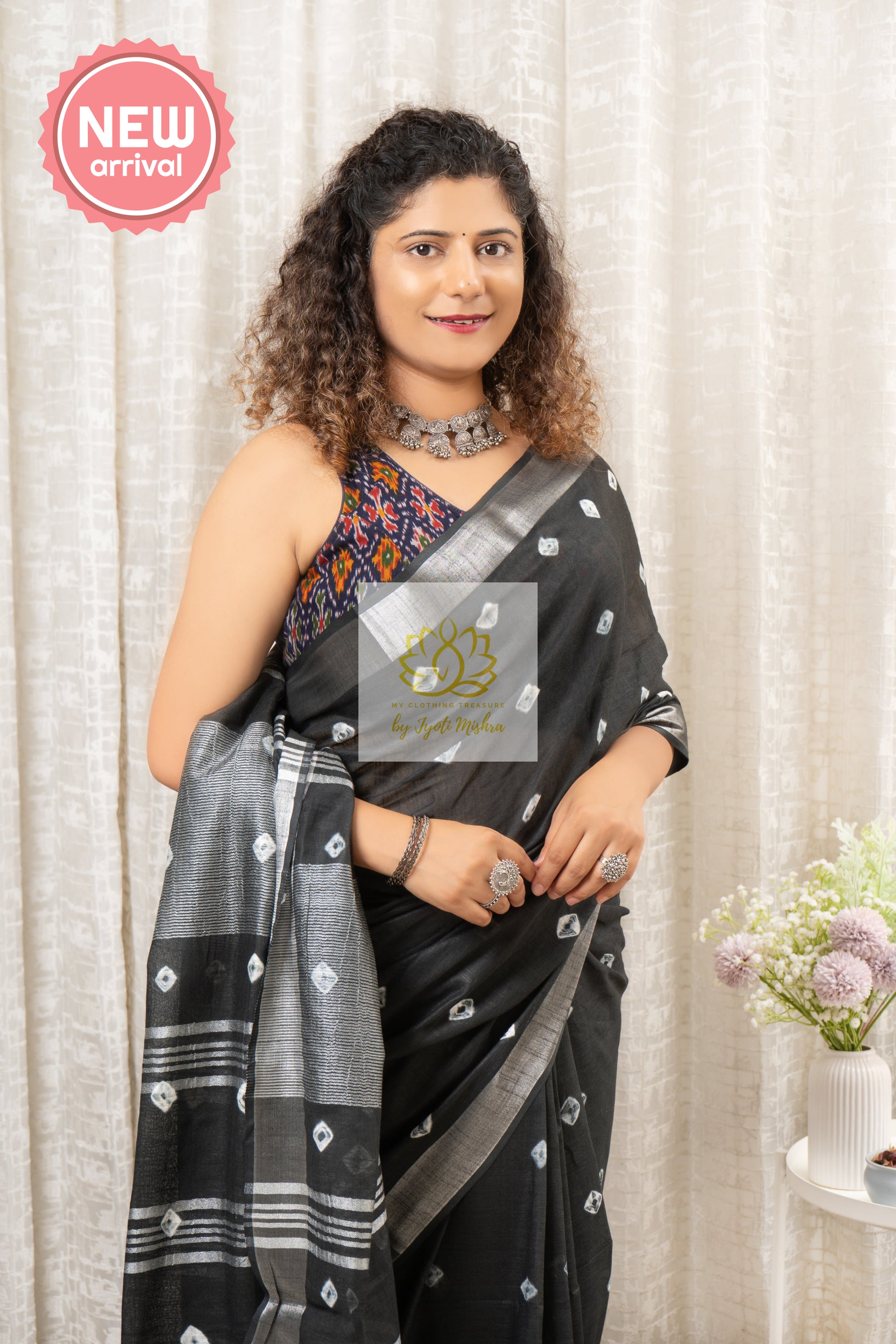 Bhagalpuri Pure Linen Saree- Black Saree