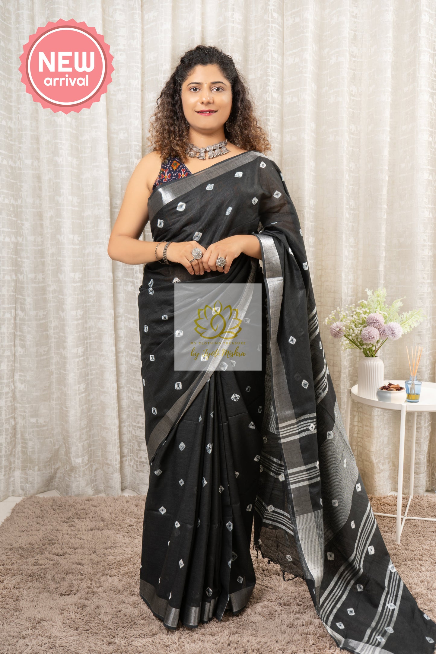 Bhagalpuri Pure Linen Saree- Black Saree