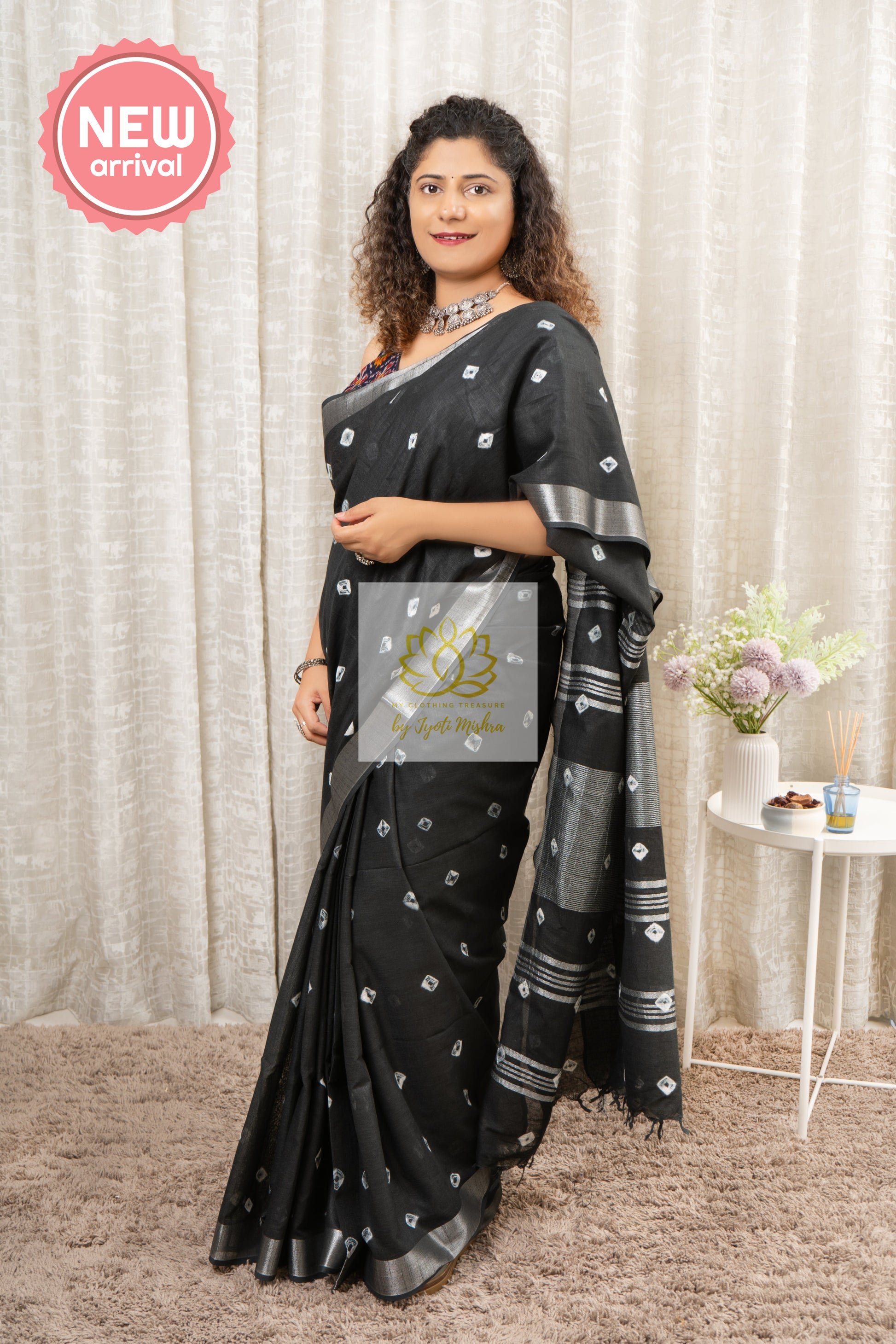 Bhagalpuri Pure Linen Saree- Black Saree