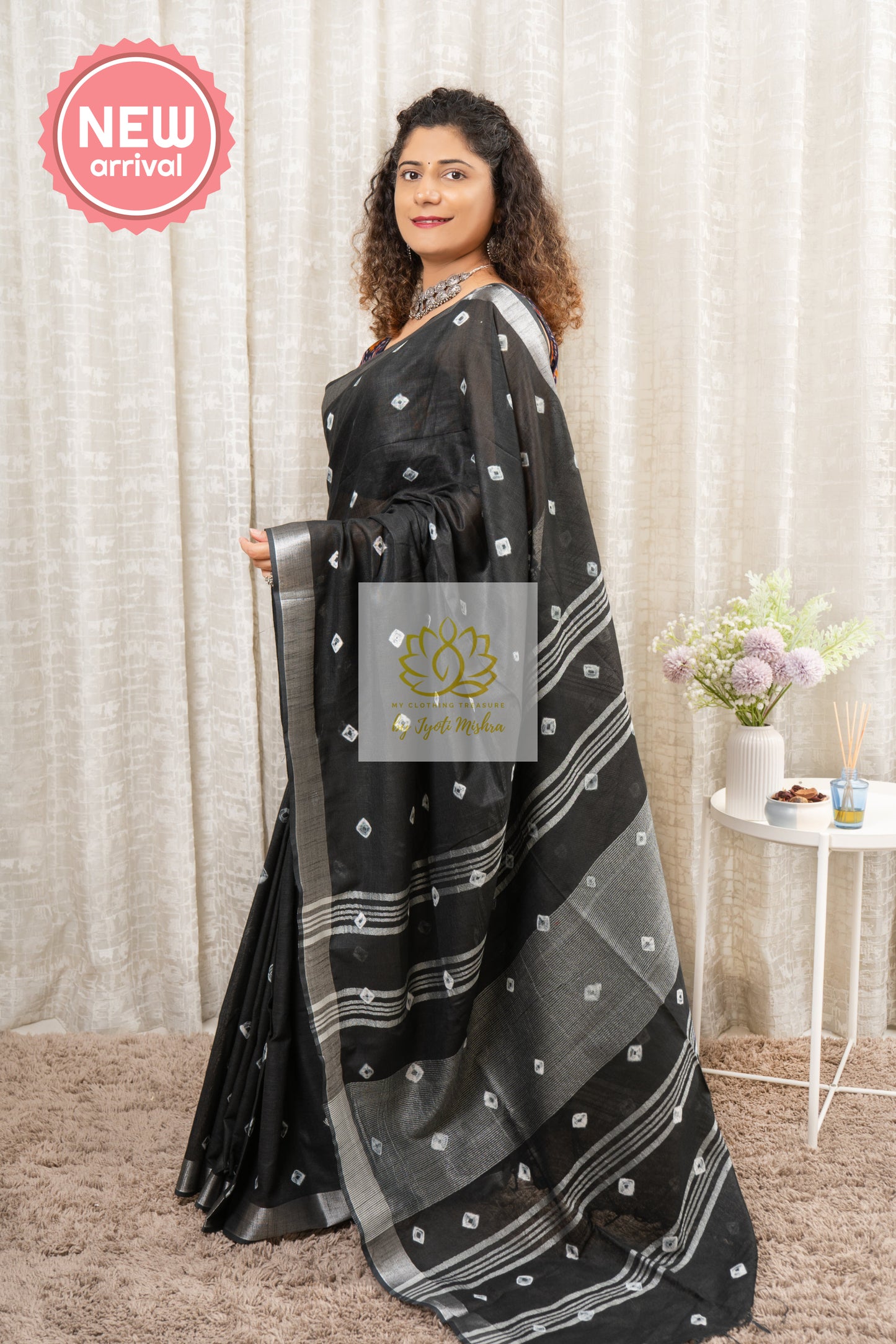 Bhagalpuri Pure Linen Saree- Black Saree