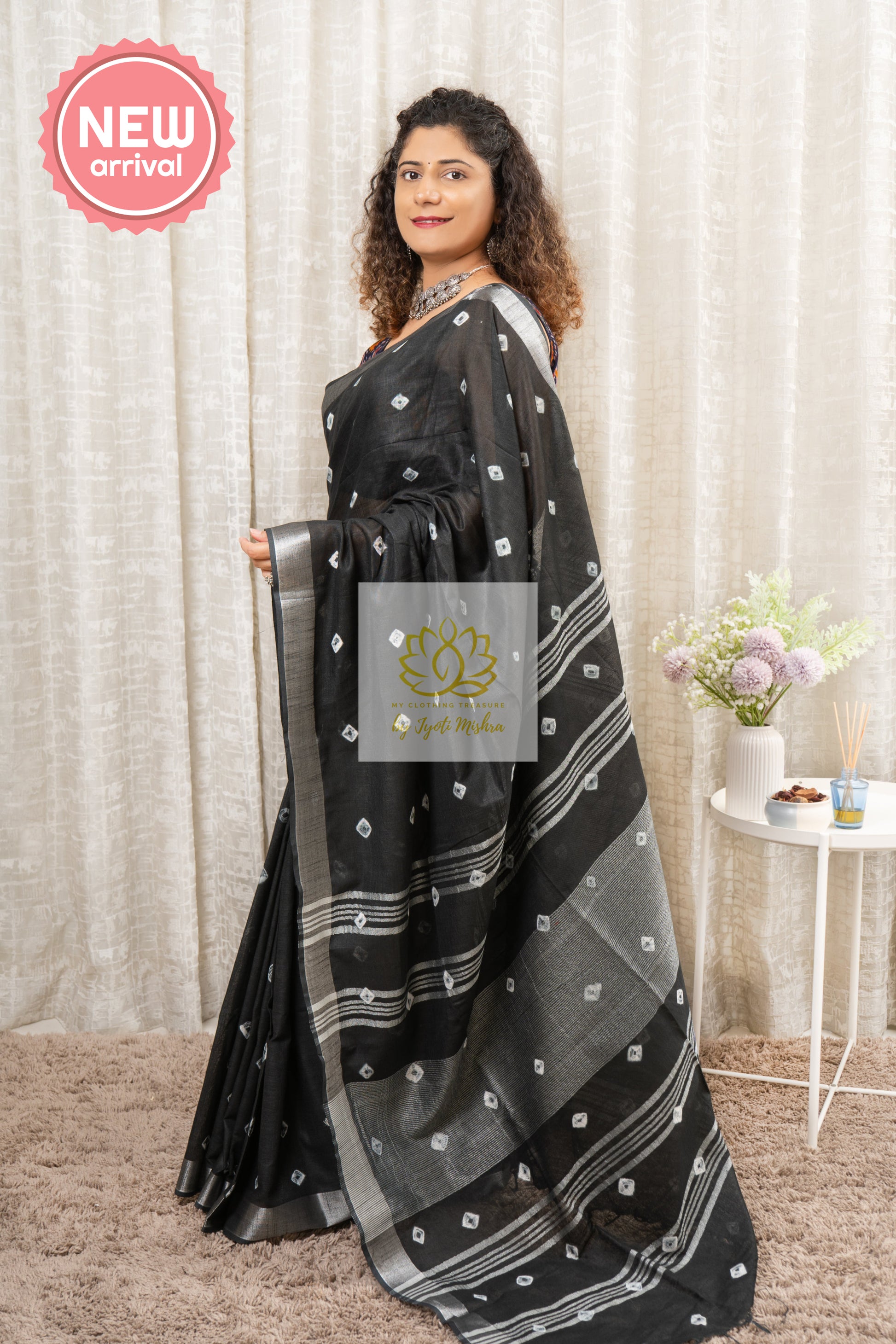 Bhagalpuri Pure Linen Saree- Black Saree