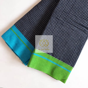 Black Patteda Anchu Cotton Saree With Ganga Jamuna Border- Blue Green