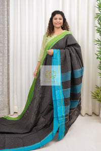 Black Patteda Anchu Cotton Saree With Ganga Jamuna Border- Blue Green