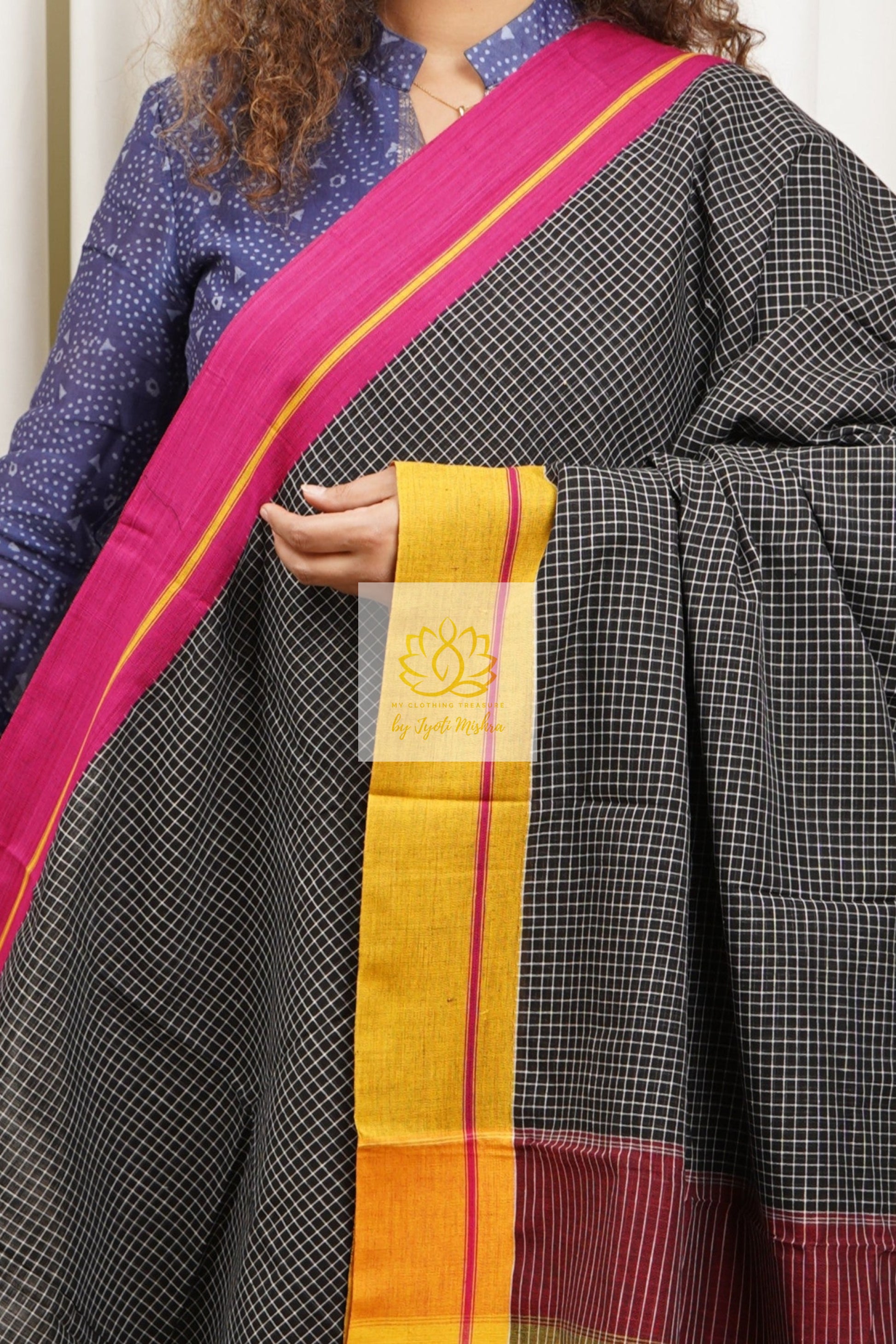 Black Patteda Anchu Cotton Saree With Ganga Jamuna Border- Magenta Yellow