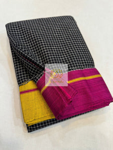 Black Patteda Anchu Cotton Saree With Ganga Jamuna Border- Magenta Yellow