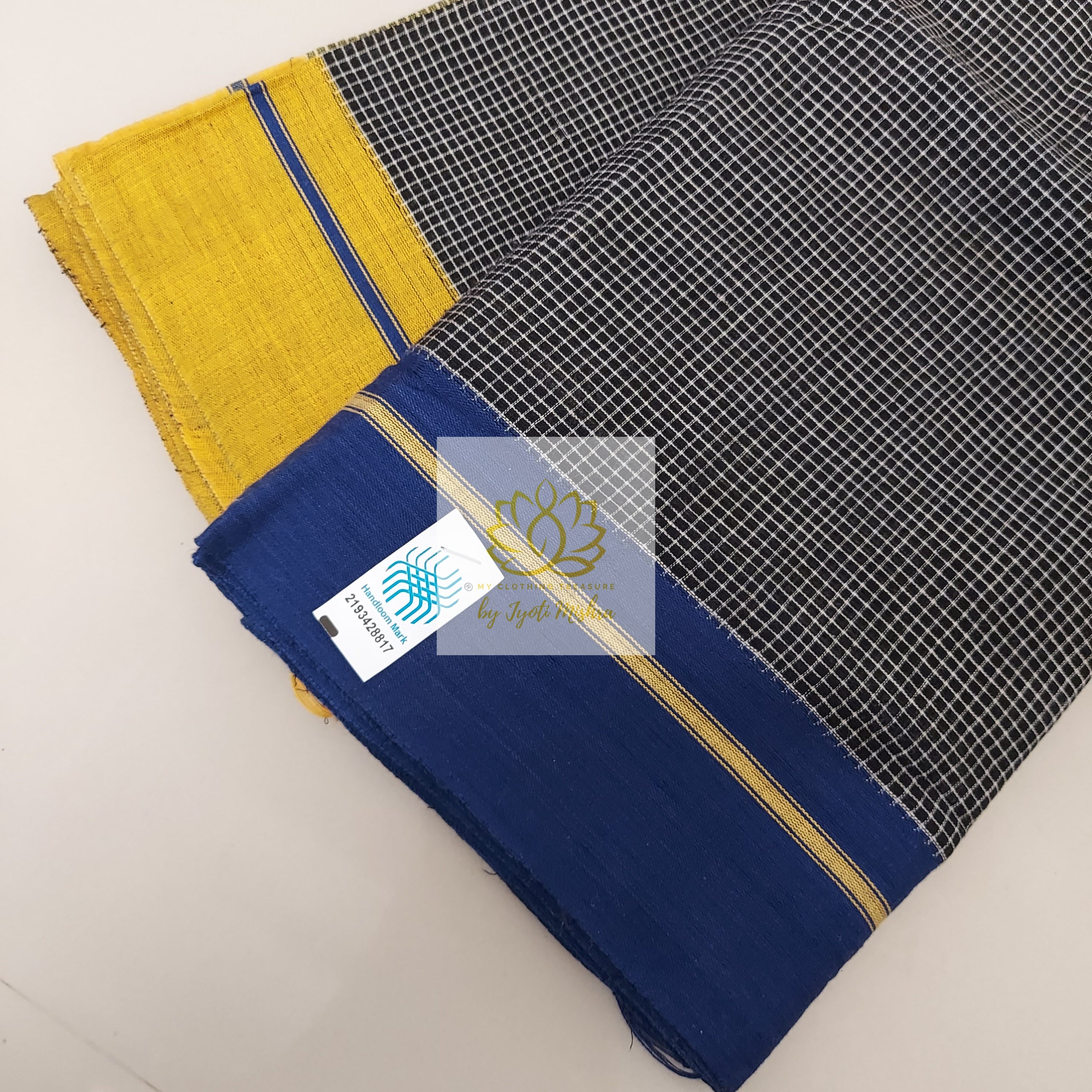 Black Patteda Anchu Cotton Saree With Ganga Jamuna Border- Navy Yellow