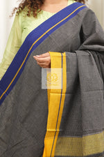 Load image into Gallery viewer, Black Patteda Anchu Cotton Saree With Ganga Jamuna Border- Navy Yellow
