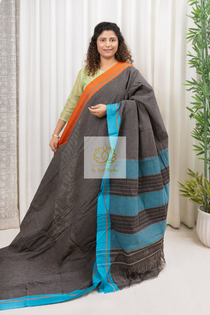 Black Patteda Anchu Cotton Saree With Ganga Jamuna Border-Orange-Blue