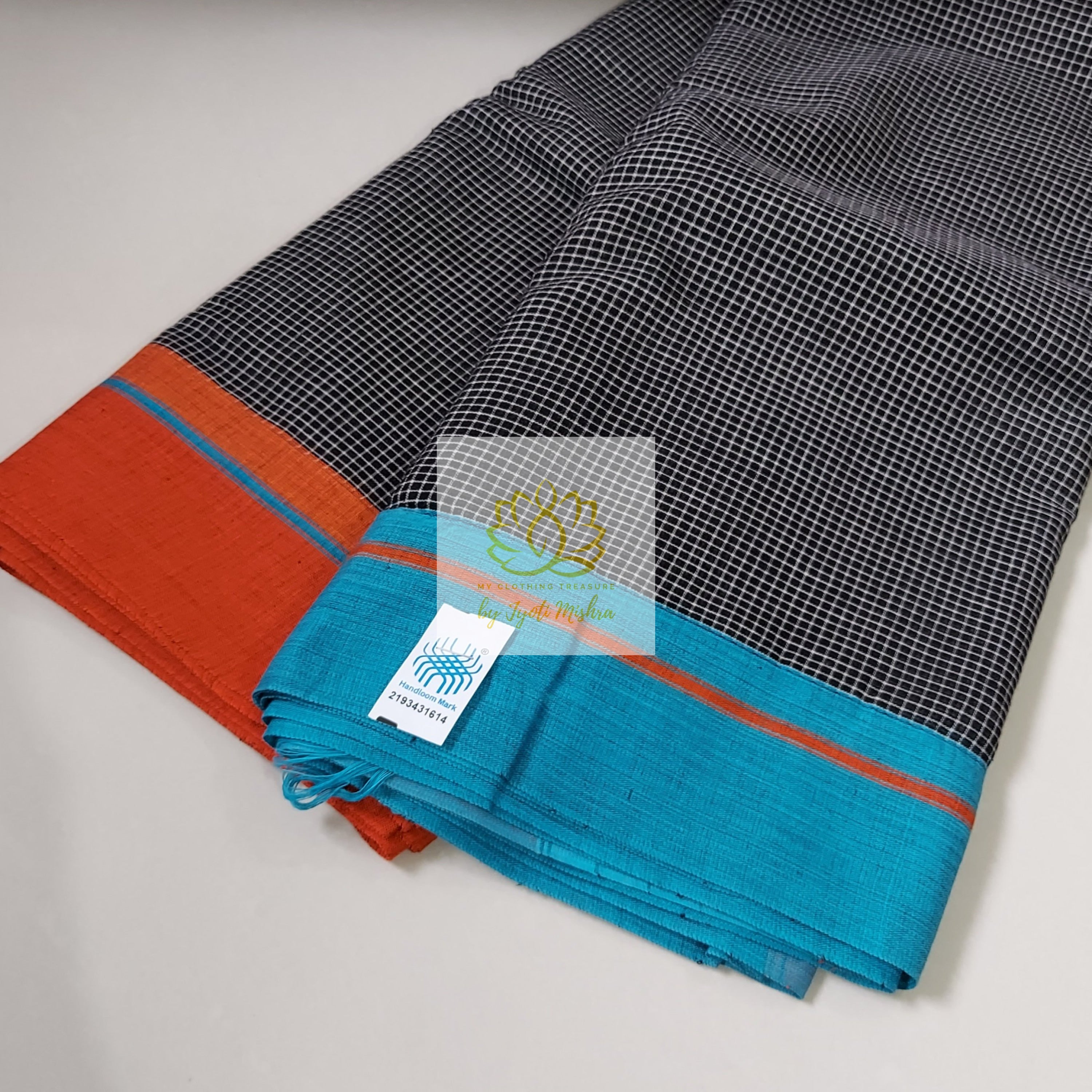 Black Patteda Anchu Cotton Saree With Ganga Jamuna Border-Orange-Blue