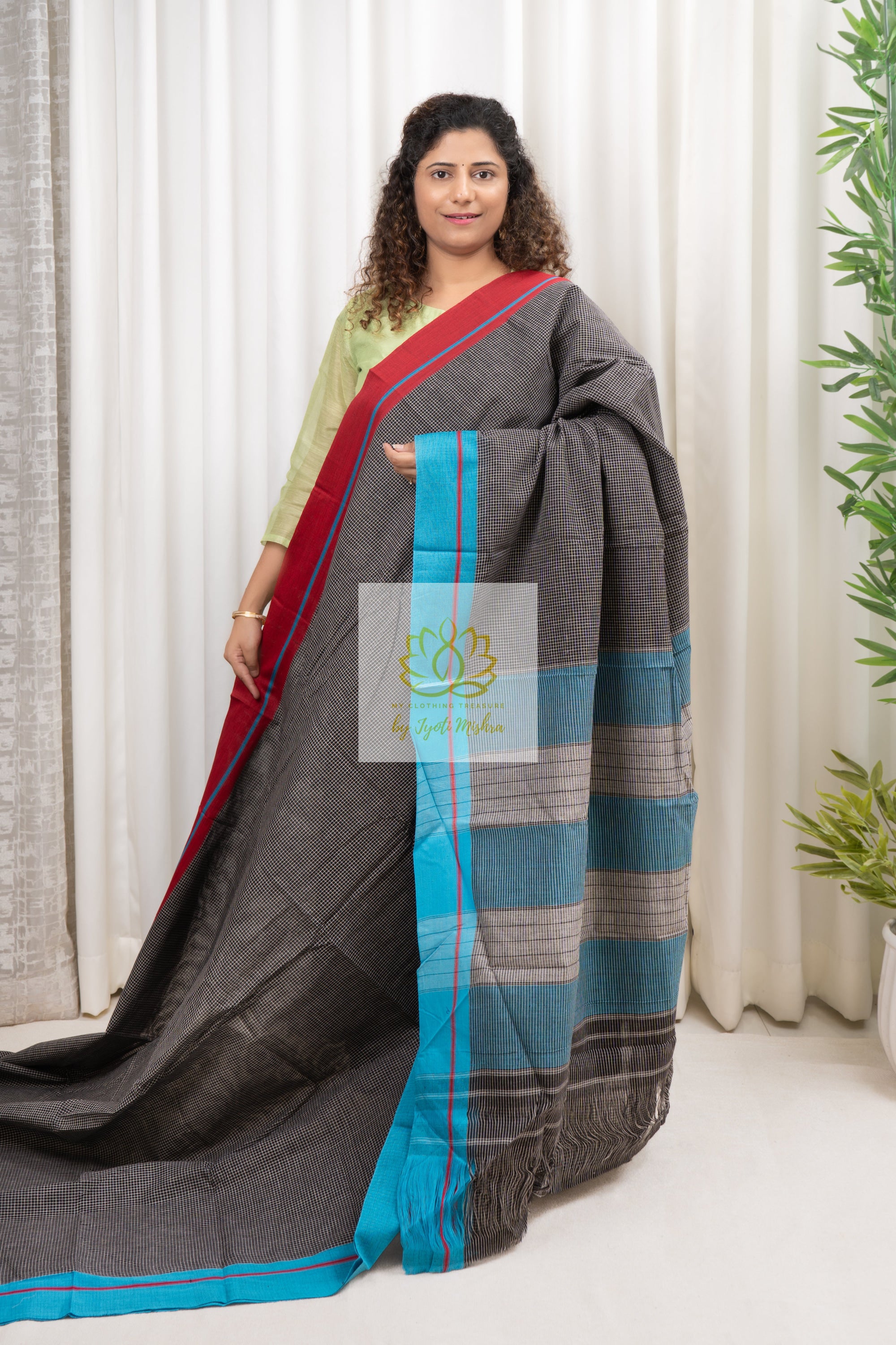 Black Patteda Anchu Cotton Saree With Ganga Jamuna Border- Red Blue