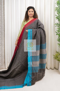 Black Patteda Anchu Cotton Saree With Ganga Jamuna Border- Red Blue