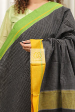 Load image into Gallery viewer, Black Patteda Anchu Cotton Saree With Ganga Jamuna Border- Yellow Green
