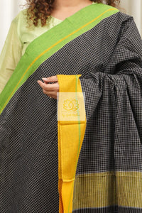 Black Patteda Anchu Cotton Saree With Ganga Jamuna Border- Yellow Green