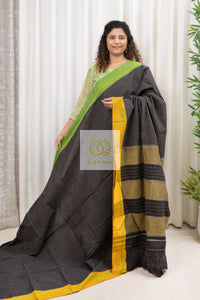 Black Patteda Anchu Cotton Saree With Ganga Jamuna Border- Yellow Green