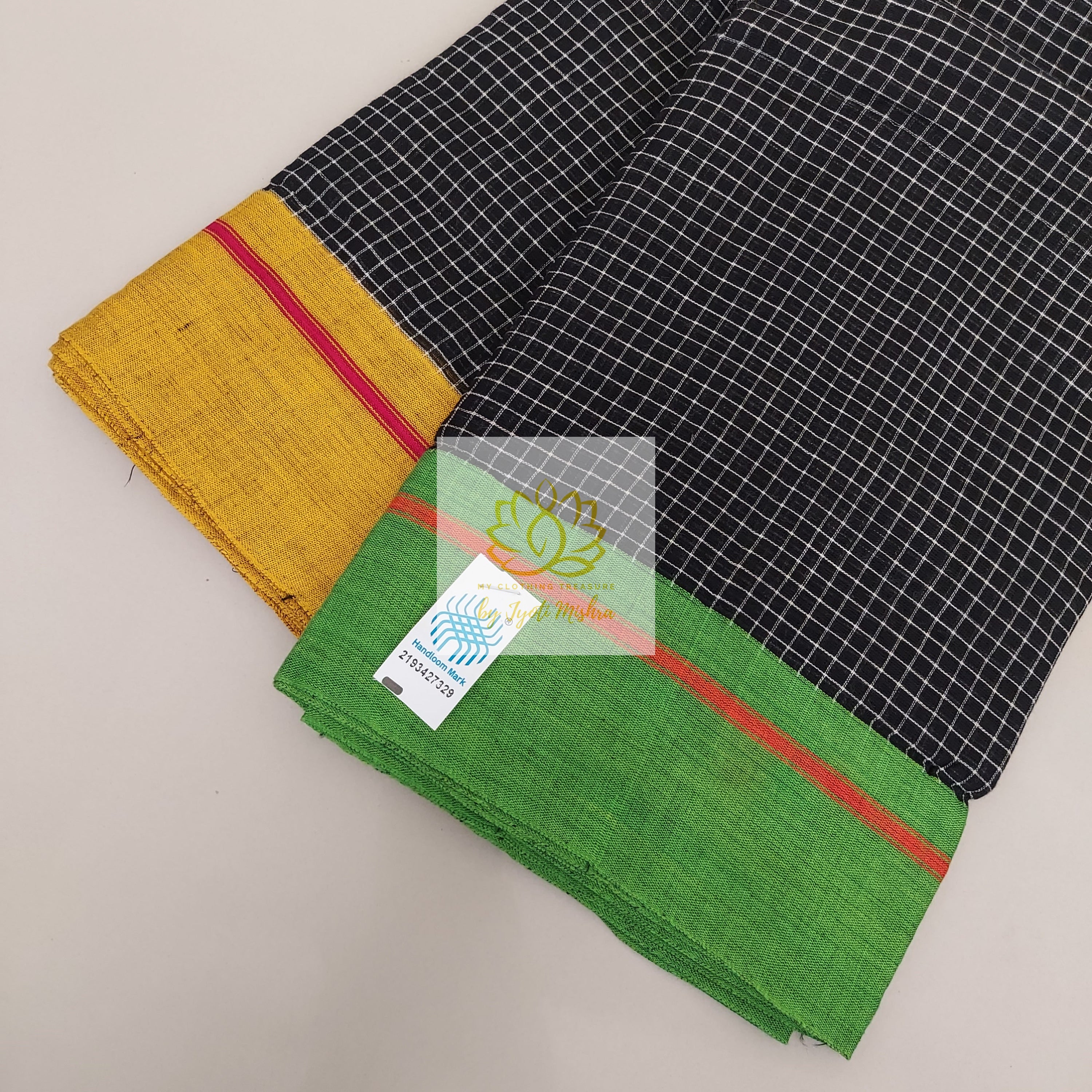 Black Patteda Anchu Cotton Saree With Ganga Jamuna Border- Yellow Green