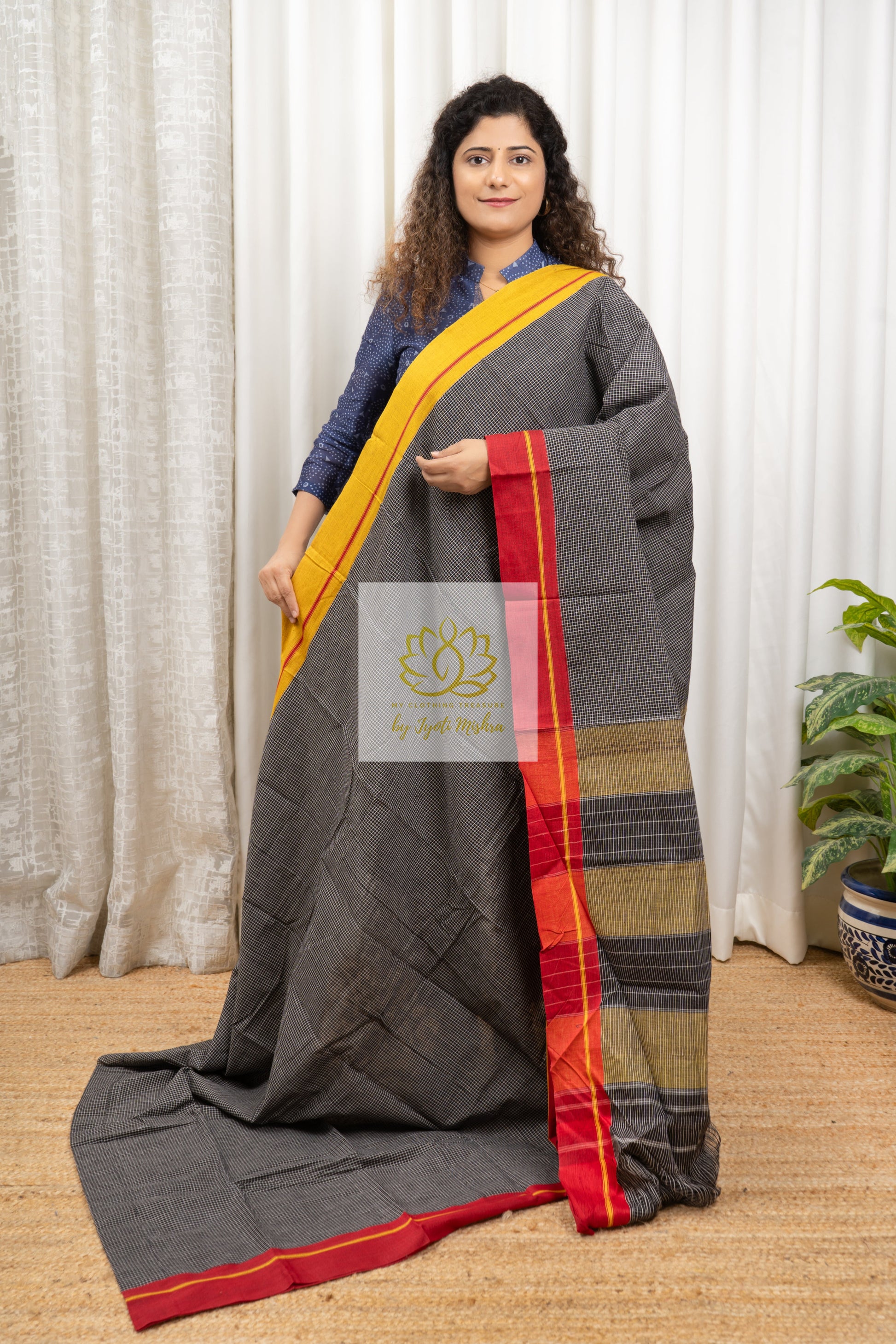 Black Patteda Anchu Cotton Saree With Ganga Jamuna Border- Yellow Red