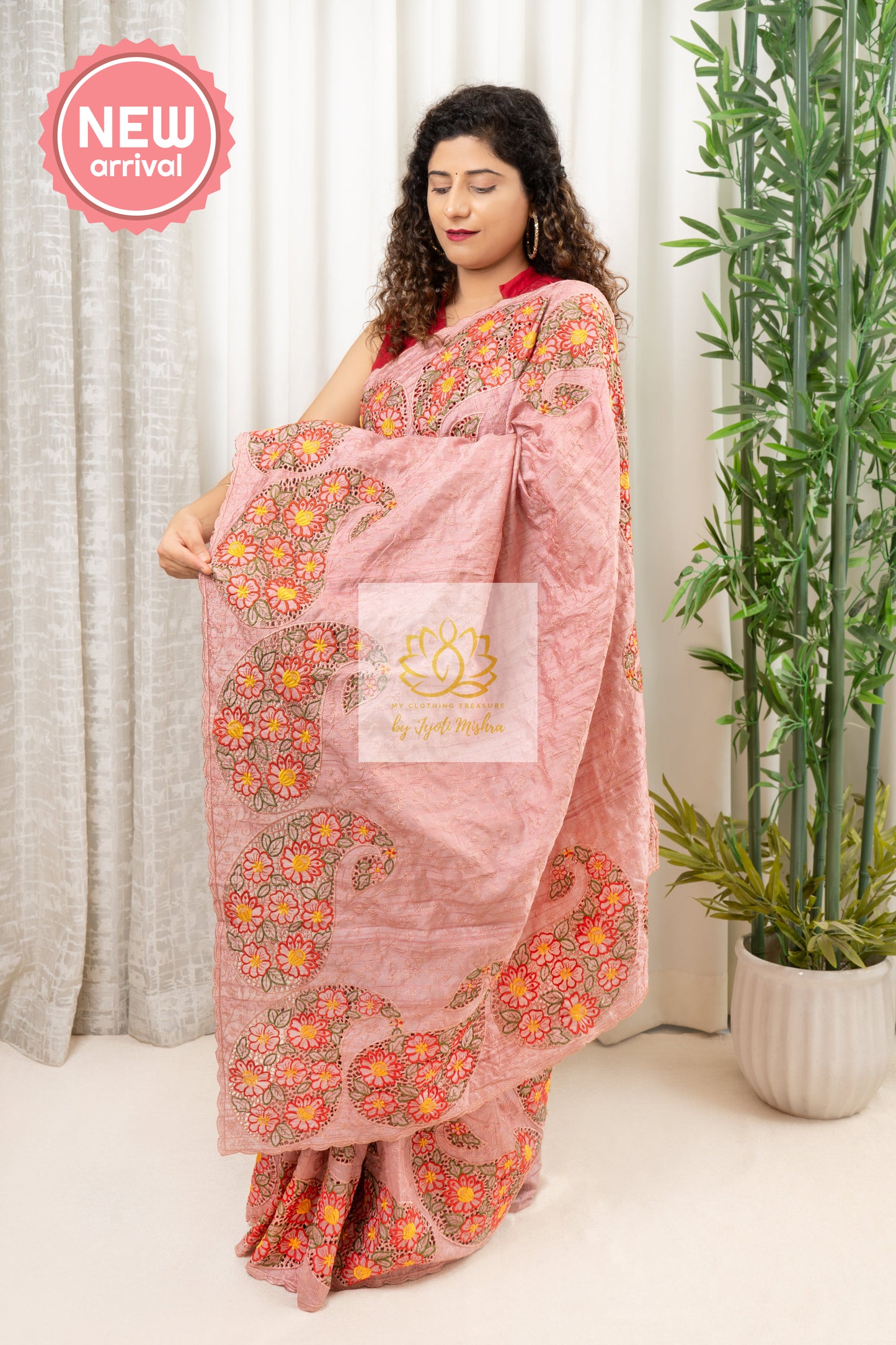 Blended Raw Silk Cut Work Saree - Pink