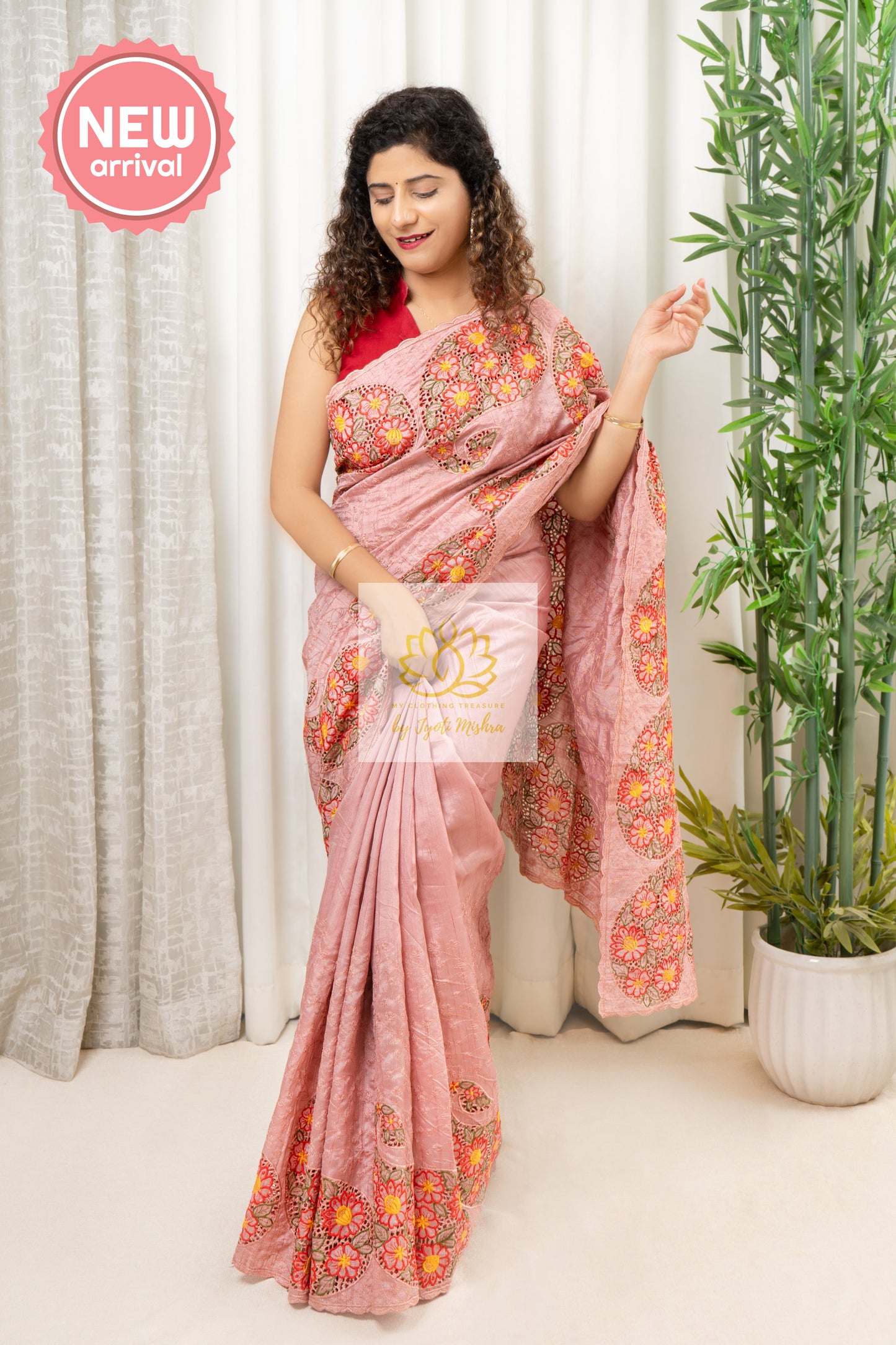 Blended Raw Silk Cut Work Saree - Pink