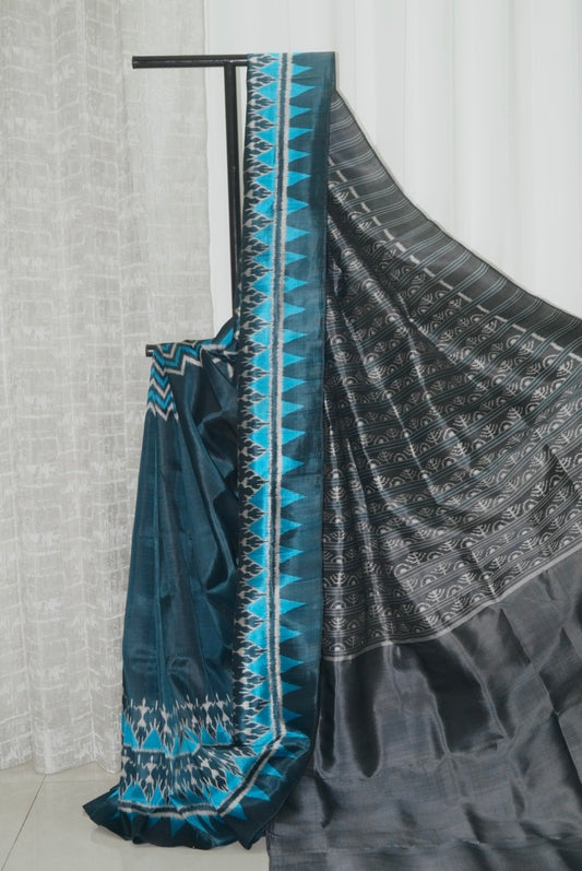 Odisha Ikkat Khandua Pure Silk Saree- Charcoal Blue