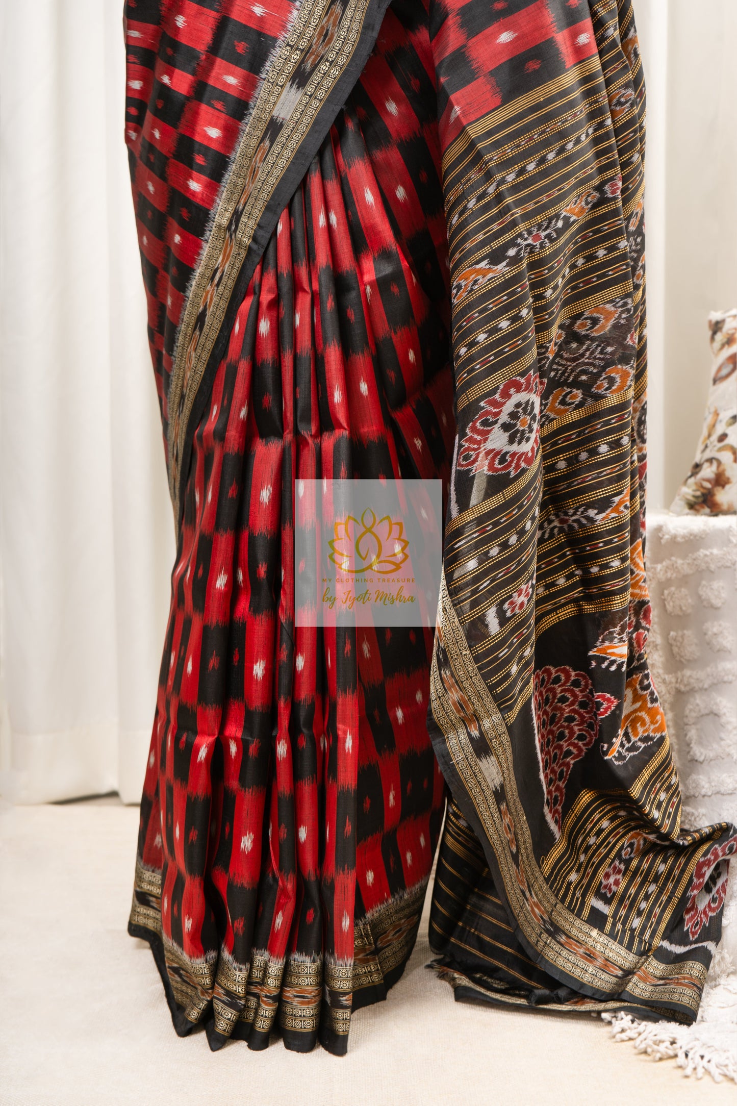 Checkered Khandua Silk Saree- Red & Black Saree