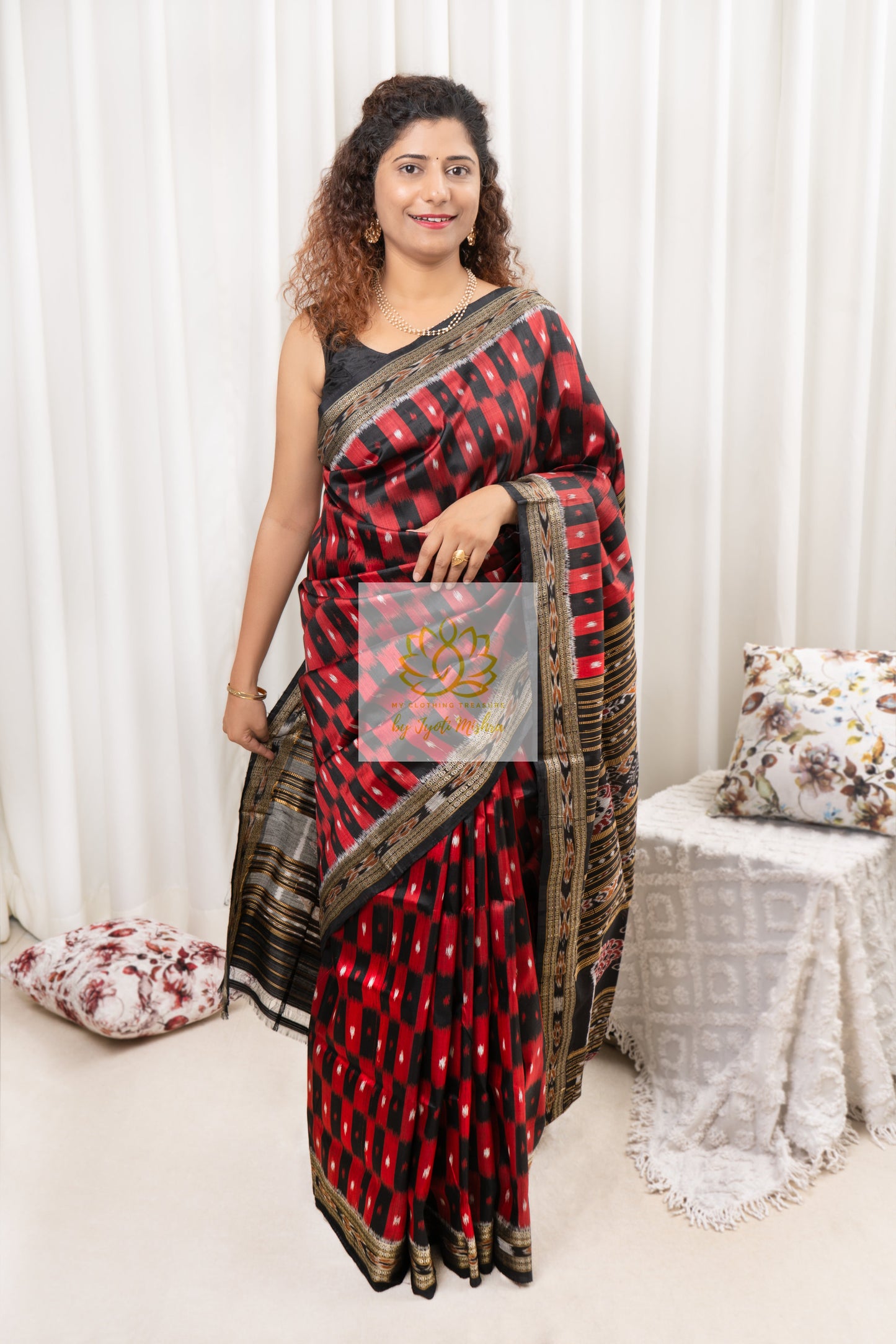 Checkered Khandua Silk Saree- Red & Black Saree