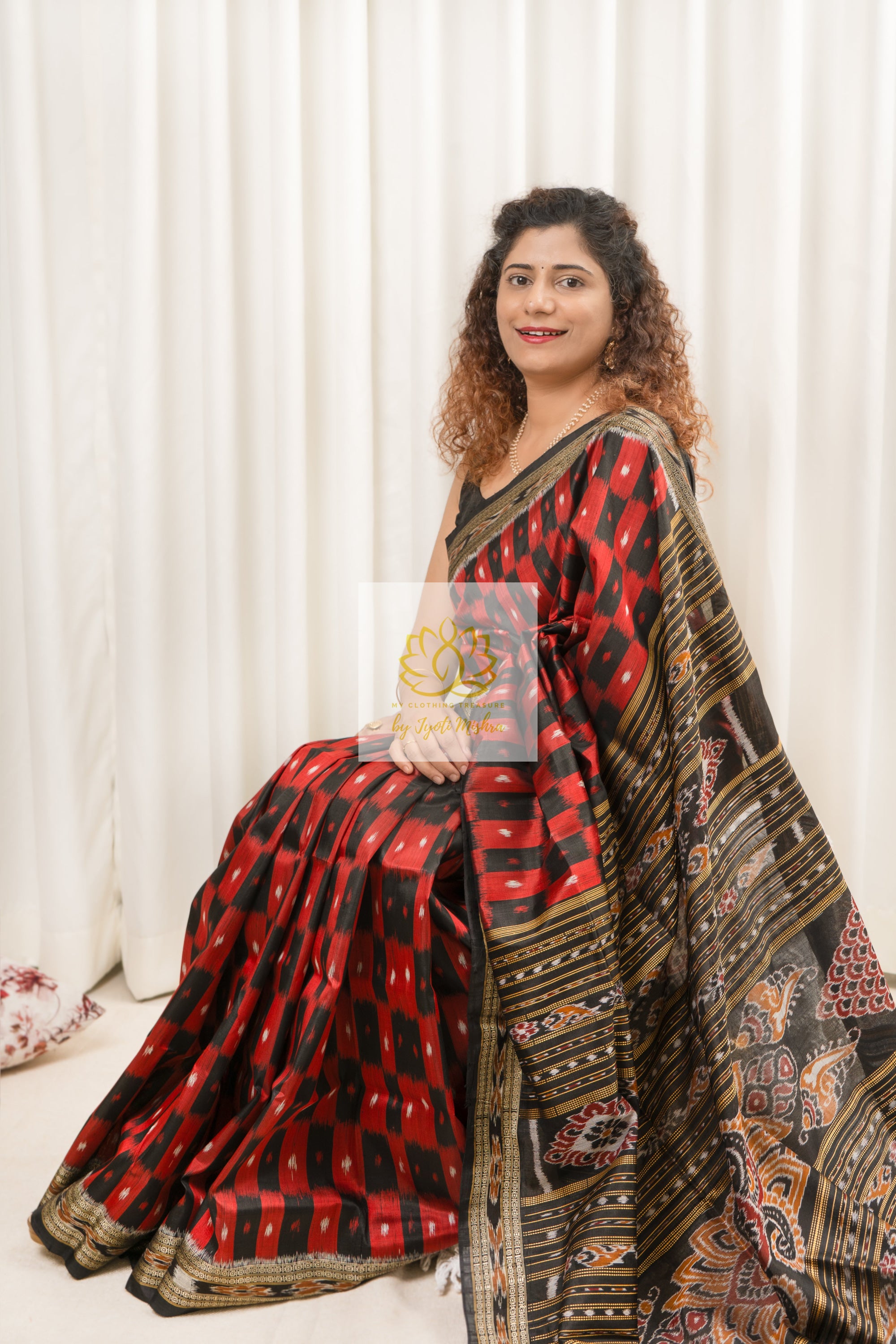 Checkered Khandua Silk Saree- Red & Black Saree