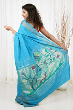 Load image into Gallery viewer, Cotton Paithani Saree With Deer Pallu- Surf Blue
