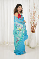 Load image into Gallery viewer, Cotton Paithani Saree With Deer Pallu- Surf Blue
