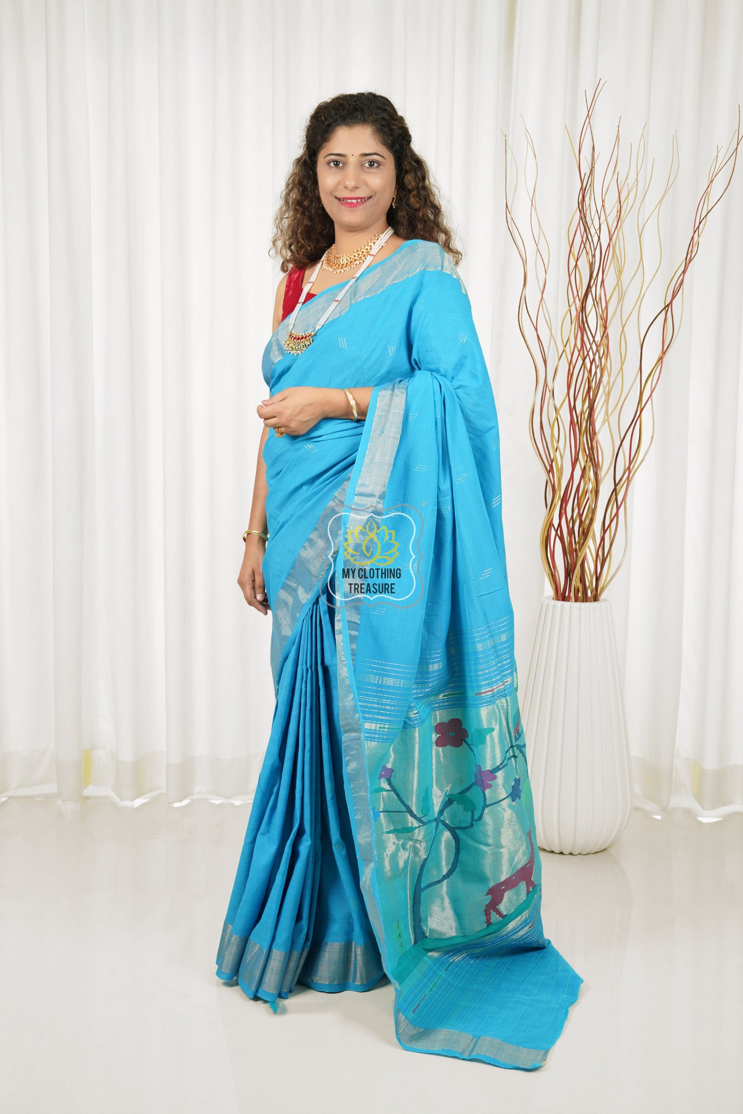 Cotton Paithani Saree With Deer Pallu- Surf Blue