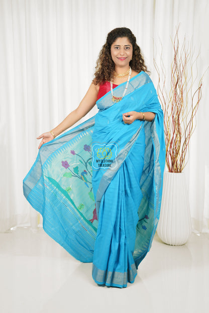 Cotton Paithani Saree With Deer Pallu- Surf Blue