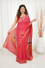 Load image into Gallery viewer, Cotton Paithani Saree With Parrot Pallu- Carrot
