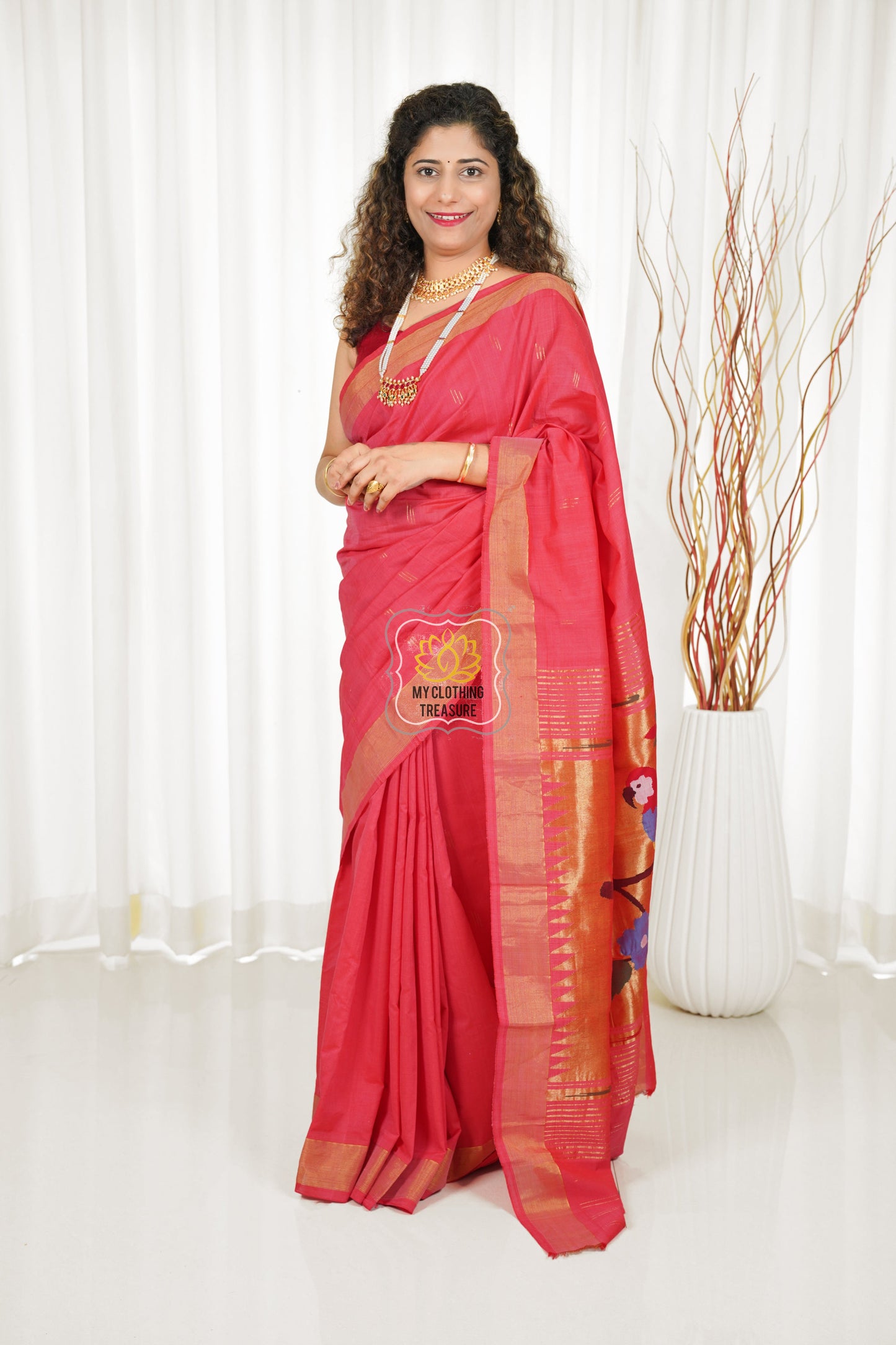 Cotton Paithani Saree With Parrot Pallu- Carrot