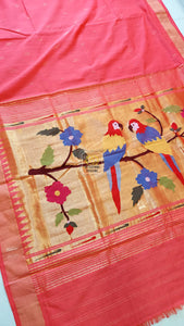 Cotton Paithani Saree With Parrot Pallu- Carrot