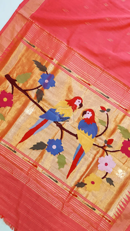 Cotton Paithani Saree With Parrot Pallu- Carrot