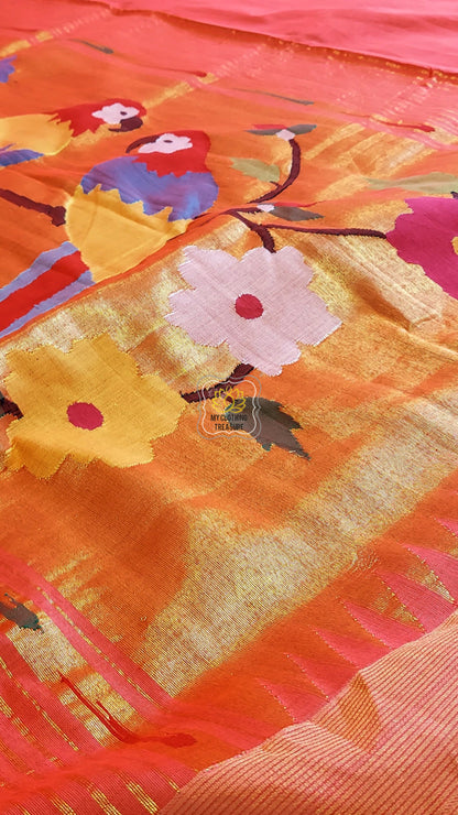 Cotton Paithani Saree With Parrot Pallu- Carrot