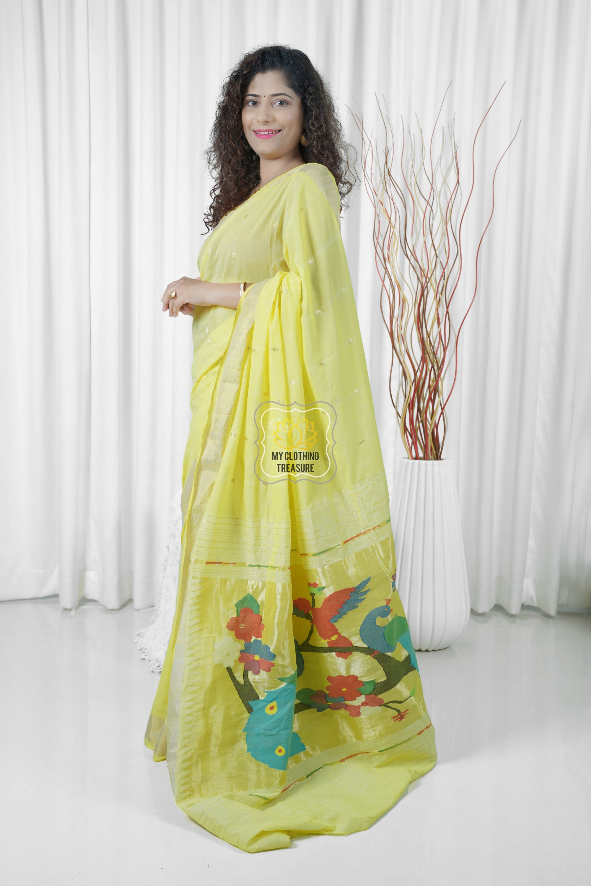 Cotton Paithani Saree With Peacock Parrot Pallu- Lime Yellow