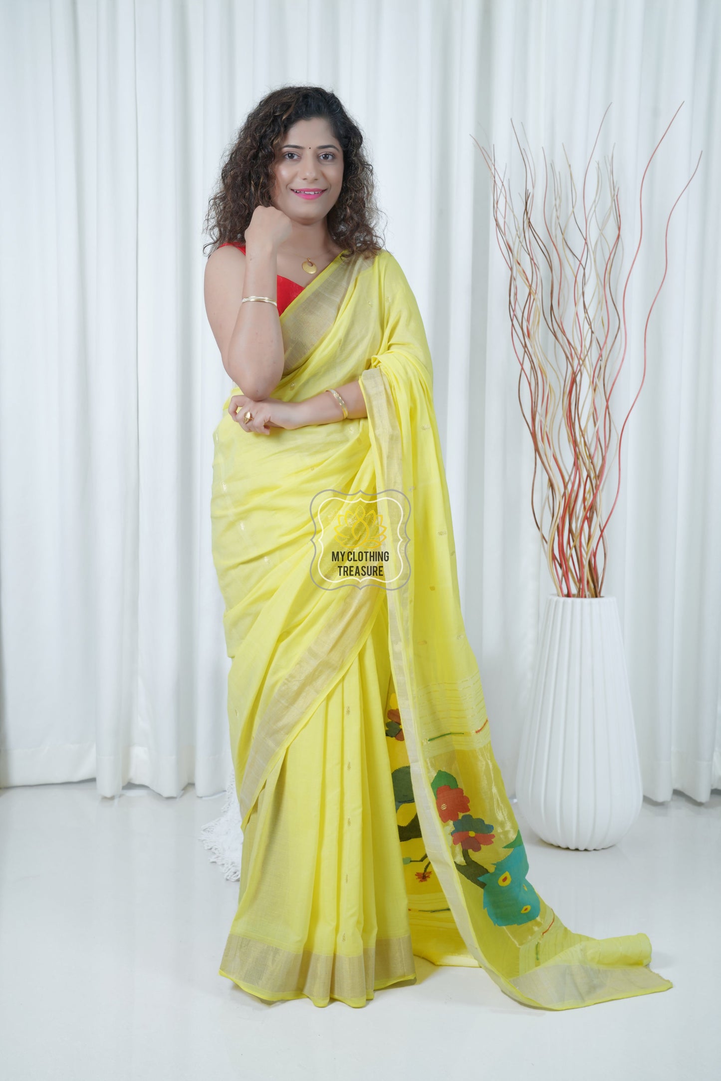 Cotton Paithani Saree With Peacock Parrot Pallu- Lime Yellow