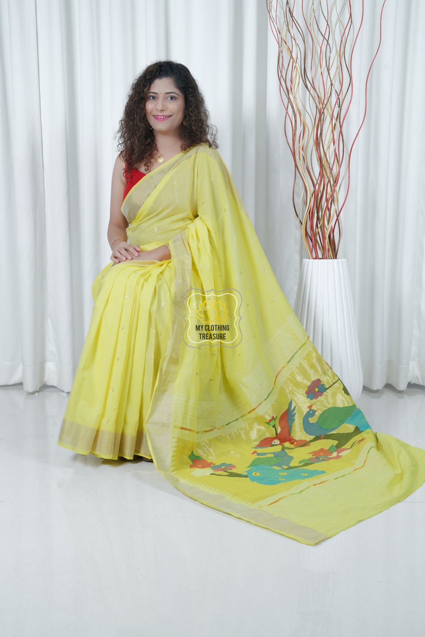 Cotton Paithani Saree With Peacock Parrot Pallu- Lime Yellow