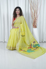 Load image into Gallery viewer, Cotton Paithani Saree With Peacock Parrot Pallu- Lime Yellow
