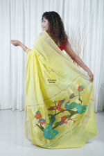 Load image into Gallery viewer, Cotton Paithani Saree With Peacock Parrot Pallu- Lime Yellow
