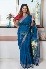 Load image into Gallery viewer, Cotton Paithani Saree With Peacock-Parrot Pallu- Teal Blue
