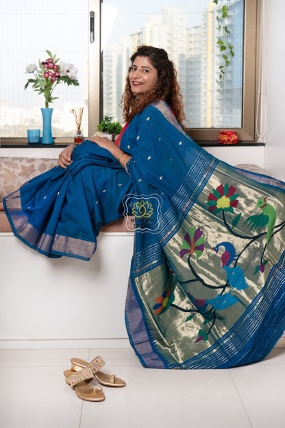 Cotton Paithani Saree With Peacock-Parrot Pallu- Teal Blue