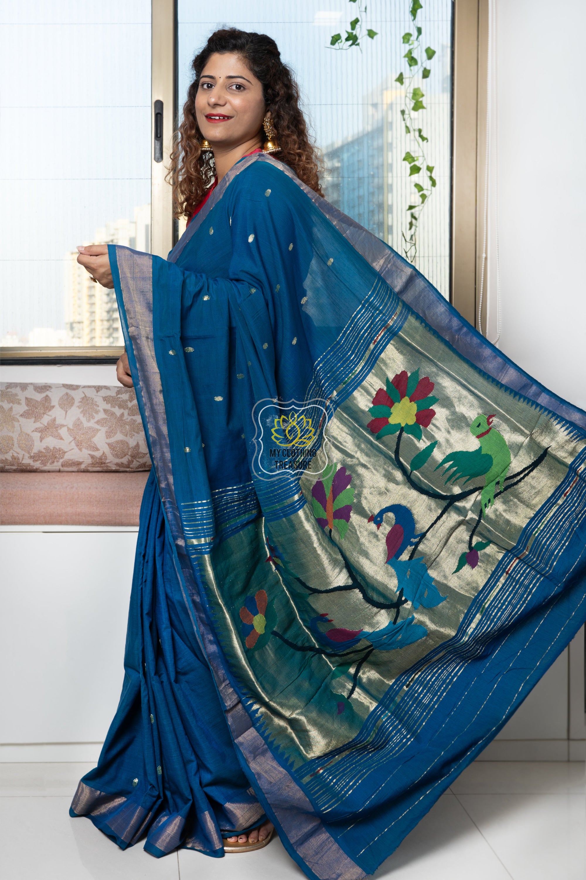 Cotton Paithani Saree With Peacock-Parrot Pallu- Teal Blue