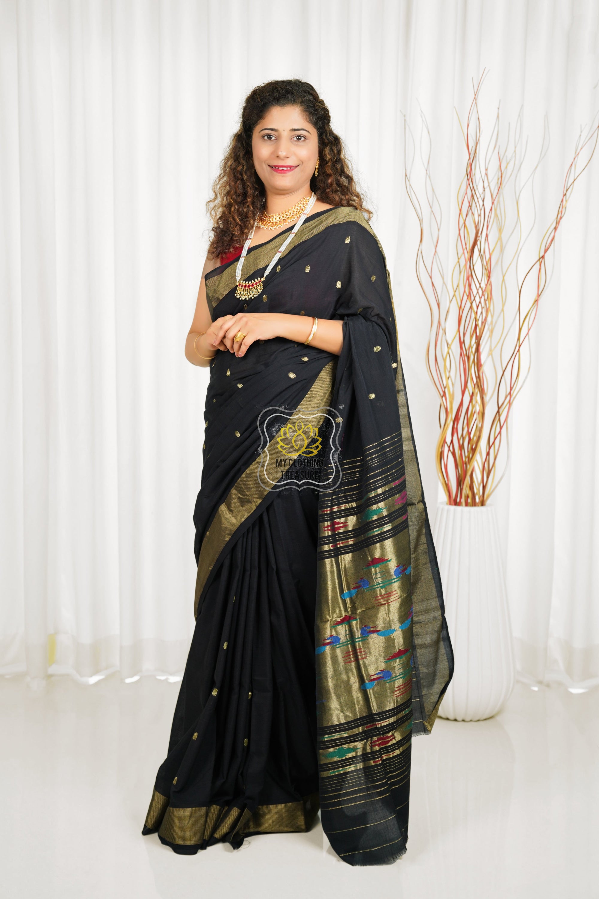 Cotton Paithani Saree With Traditional Double Pallu- Black